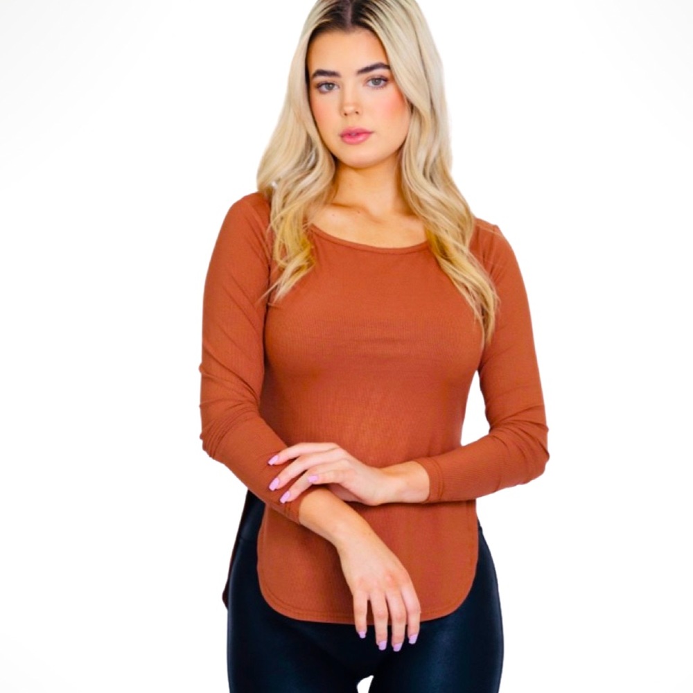 Women’s Casual Long Sleeve Scoop Neck Long Fitted T-Shirt - Brown